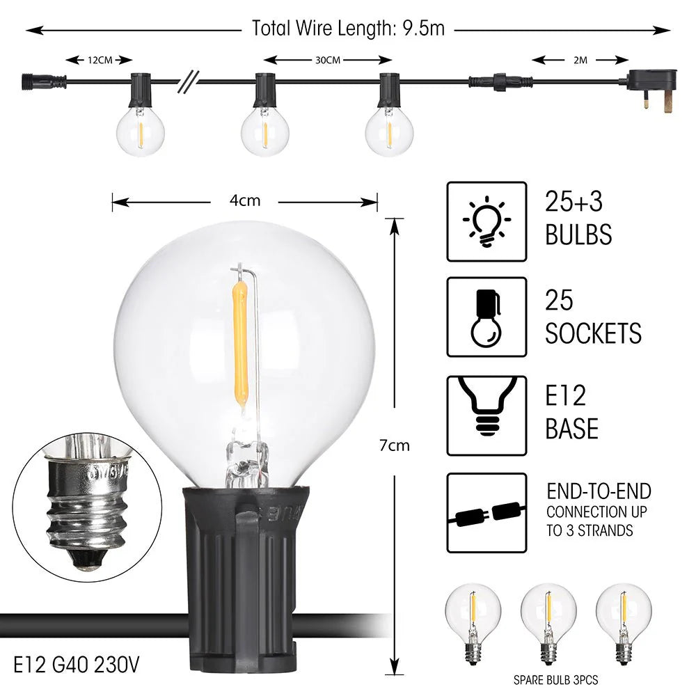 LED Bulb String Globe Golf Ball G40 E12 Weatherproof Festoon Light - 9.5 metre - 25 Lamps